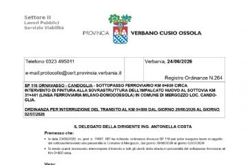 Ordinanza Provincia del VCO  chiusura sottopasso RFI in Loc. Candoglia 